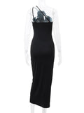 Bonnyshow  Flower Bodycon Maxi Dresses For Women Folds Slim Black Sundress Women's Sexy Backless Party Temperament Dresses Woman