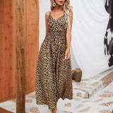 Bonnyshow Summer Leopard Print Camisole Mid Length Dress with European and American Style High Waisted V-neck Dress