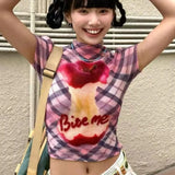 Bonnyshow  Vintage American Half-High Collar Plaid Graphic T-Shirts Short Sleeve Stretch Crop Tops Korean Coquette Cute Tide Summer Women