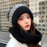 Bonnyshow Winter Thicken  Add Fur Knitted Soft Hat With Scarf Outdoor Cycling Windproof Keep Warm Balaclava Pompoms Ball Caps