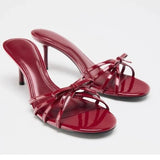 Bonnyshow  Wine Red High Heels Sandals for Women Square Toe Bowtie Decor Summer Outdoor Slippers Thin Heeled Party Wedding Shoes