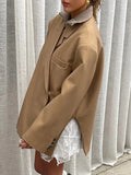 Bonnyshow Turndown Collar Off-center Button Women Coats Fashion Vintage Coat Solid Color Loose Casual Women‘s Coat Side Slit Outerwears