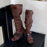 Bonnyshow  Fashion Metal Buckle Decoration Thigh High Boot Women Sexy Open Toe Design Brand Modern Boot High Quality Faux Suede Summer Boot