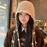Bonnyshow Korean Wool Tassel Knitted Hat for Women Winter Warm Ear Protection Cap Sweet Solid Color Female Pullover Hats Gorros