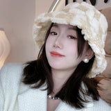 Bonnyshow Winter Bucket Hat for Women Plaid Warm Plush Fisherman Cap Korean Ladies Faux Rabbit Fur Thicken Bob Panama Hats gorro