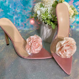Bonnyshow  Summer PVC Slippers Women Fashion Pink Rose Flower Open Toe Thin High Heels Party Casual Mules Slip On Designer Shoes Femme