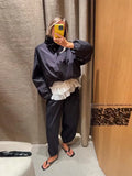 Bonnyshow  Vintage Red Women's Bomber Jacket Loose Stand Collar Full Sleeve Zipper Female Jackets 2025 Autumn Winter Fashion Streetwears