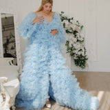 Bonnyshow Amazing Light Blue Layered Tulle Long Jacekt Puff Sleeves Ruffles Trimmed Women Jacket Maxi Gowns Bridal Cape Outwear Coat