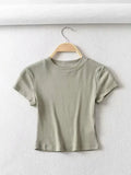 Bonnyshow Summer Sexy Women O-neck Short-sleeve T-shirt Slim Elastic Skinny Crop Tops