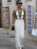Bonnyshow  Summer Halter Knitted Long Dress Elegant Backless Sleeveless Patchwork Women Maxi Dresses Fashion Deep V Neck Beach Robes