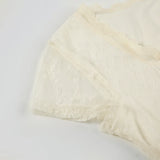 Bonnyshow  Beige Lace Transparent Short Sleeves T-shirt Y2K Aesthetic Fake Buttons Fitted Crop Top Elegant Casual Tee Streetwear