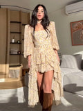 Bonnyshow  Floral Ruffled Hem Mini Dress Lace Up Skirt Sets 2 Pieces Puff Sleeve Square Collar Print Robe Irregular Multi-layer Skirts Suit