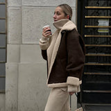 Bonnyshow Vintage Women's Coat Long Sleeve Turn-down Collar Zipper Suede Lamb Wool Jacket Thick Warm Winter 2024 Autumn New Tide
