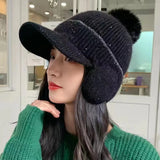 Bonnyshow Winter Knit Earflap Hat for Women Solid Color Pompom Ear Protection Baseball Cap Female Outdoor Cycling Earmuff Caps Gorras 겨울모자