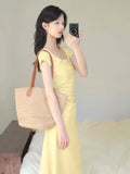 Bonnyshow  Summer Women's Korean Graceful Square Collar Slim Dress Lady Fashion Joker Solid Long Short Sleeve Dresses 2025 New Clothing
