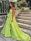 Bonnyshow Beautiful Neon Green Split A-line Satin Evening Dresses With Handmade Flower Details Sweetheart Lace Up A-line Long Evening Gown