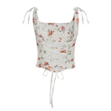 Bonnyshow  Fashion Bandage Skinny Floral Prints Women Camisole Tops Square Neck Sweet Backless Blouses