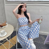 Bonnyshow  2 Piece Set Women Strapless Crop Top + Wide Leg Pants Suits Female Sexy Outfits For Woman Ins New Summer Fashion Casual Plaid