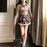 Bonnyshow Korean Lace Patchwork Casual A-line Skirt Women 2025 Spring New High Waist Contrast Color Sexy Pleated Cake Skirt