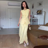 Bonnyshow  Elegant Solid Vest Skirt Women Outfit Casual O-neck Button Sleeveless Top Hip Package Skirts 2025 Summer Fashion Lady Set