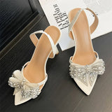 Bonnyshow  New Design Crystal Flower Pointed Toe Slingbacks Women Pumps Elegant Thin High Heels Banquet Wedding Shoes