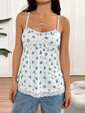 Bonnyshow  Women's Camisole New Summer Streetwear Fashion Blue Print Button Lace-up Vest Sexy Lace Backless Female Versatile Tank Clothing