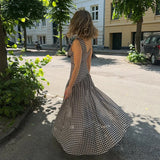 Bonnyshow  Reteo Plaid V Neck Split Sling Dress Women Elegant Splicing Pleated Sleeveless Backless Maxi Gowns Summer Vacation Street Robes