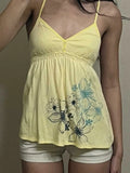 Bonnyshow  Fashion Floral Prints Sweet Ruched Women Camisole Tops Summer Chic Design V-Neck Blouses