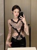 Bonnyshow Elegant Lace V-neck See Through Mesh Shirts Women Spring Autumn New Bottoming Blouses Y2k Slim Fit Flare Sleeve Blusas Mujer