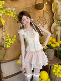 Bonnyshow  Summer Sweet Girls Two Piece Skirt Sets Lace Splicing Puff Sleeve Slim Shirt Tops + High Waist A Line Mini Skirt Outfits