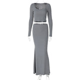 Bonnyshow Gray Slim Skirt Sets Women Fashion Long Sleeve T-shirt and Maxi Skirt Outfits Autumn Winter Casual Party Two Piece Set 2024