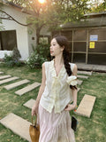 Bonnyshow  Summer New Gentle Temperament Slimming Wood Ear Slimming V-Neck Sleeveless Shirt For Women