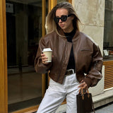 Bonnyshow Short Leather Women's Jacket Casual Vintage O-neck Women Coat Loose Long Sleeve Women Jackets New Fashion Autumn Female Coats