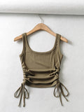 Bonnyshow New Arrival Girls Casual Solid Colour Two Side Drawstring Vest Folds Shirring Sexy Tank&Camis