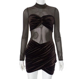 Bonnyshow women's new style pure desire slimming high collar suede pleated hip skirt party dress club clothing