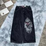 Bonnyshow Jeans New Harajuku Hip Hop Retro Skull Graphic Embroidered Baggy Jeans Denim Pants Men Women Goth High Waist Wide Trousers