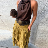 Bonnyshow  Ruffled Midi Skirt Womens Vintage Flounce Skirt Woman New Fashion Elegant Solid Long Skirts autumn Evening Party Skirts