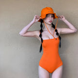 Bonnyshow  Korean Solid One-piece Swimsuit Beach Style Sexy Bodysuits Casual Bathing Suit   New Summer Sling Backless Swimwear For Women