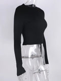 Bonnyshow O Neck Long Sleeve Shirt Women Ribbed Sexy Cropped Tops Spring Black Casual Skinny Slim Basic Woman T Shirts White