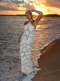 Bonnyshow  Retro Knitted Hollow Halter Beach Dress Lady Sexy Backless Sleeveless Lace Up Slim White Long Dresses Female Summer Chic Holiday