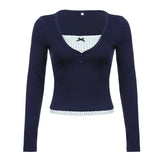 Bonnyshow Patchwork Sexy Women Tees Solid Autumn Streetwear V-Neck Long Sleeves Bodycon Crop Top Fashion Casual Slim Basic T-shirt Female