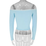 Bonnyshow Autumn Women T-shirt New Sexy Sky Blue Backless Lace Slash Neck Tees Top Streetwear Fashion Casual Slim Female Knitted Clothing