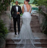 Bonnyshow Luxury Sparkle Lace Long Mermaid Nigerian Evening Dress Sexy Deep V-neck Open Back Aso Ebi Maxi Gowns African Bridal Dress