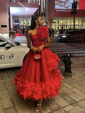 Bonnyshow Pretty Red 3D Flower Ankle Length Tulle Formal Party Occasion Dresses One Shoulder Ruffles A-line Tulle Women Maxi Dress