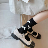 Bonnyshow Lolita Bow Socks for Women Spring Summer Cotton Mid-tube Sock Y2K Girls Japanese Bowknot Solid Color JK Socks