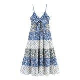 Bonnyshow  Summer Print Long Slip Dresses Women Swish Vacation Backless Fold Bandage Sling Long Robes Bohemia Beach Evening Party Vestidos