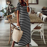 Bonnyshow Round Short Sleeve Dress Black And White Striped Dresses Casual Elegant Side Split V Neck Sheath Slim Dress Summer Bodycom Dress