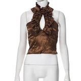 Bonnyshow American private wear celebrity lace hollow sleeveless stand-up collar short tops undershirt women's versatile new