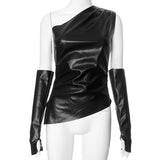 Bonnyshow Women Y2K PU Leather Asymmetrical T-shirts with Sleeves Gloves Fashion Sexy One Shoulder Sleeveless Slim Tops Clubwear Tees