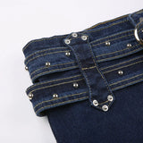 Bonnyshow  High Waisted Zipper Slim Fit Bag Buttocks Splicing Japanese Button Waistband With Heavy Industry Characteristics Trend Dark Blue
